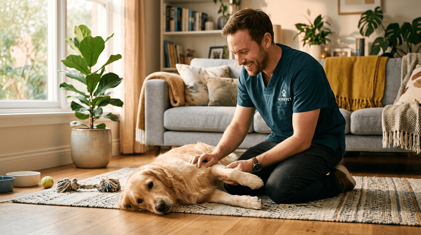 A mobile vet gently examining a relaxed golden retriever on a living room floor